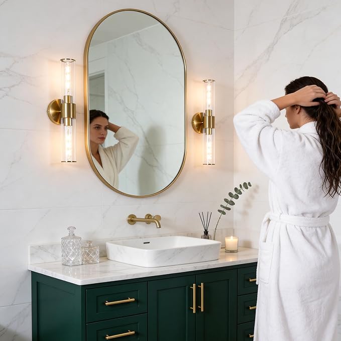 Gold Wall Sconces Set of 2, Hardwired Bathroom Vanity Light Fixture, Brass Sconce Wall Lighting, Modern Wall Light Set of Two, Cylinder Lamp for Bathroom Mirror Hallway Bedroom (Bulbs Required)