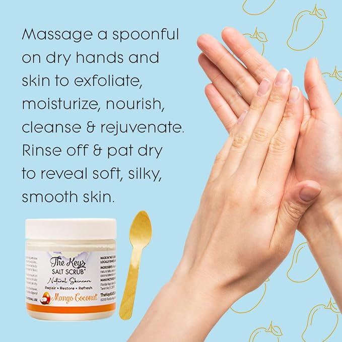 The Keys Salt Scrub -Sea Salt Scrub - Exfoliating Body Scrub with Wooden Spoon - Moisturizing Exfoliator for Hands, Foot, Bath, (3.4 Ounce (Pack of 3), Mango Coconut)