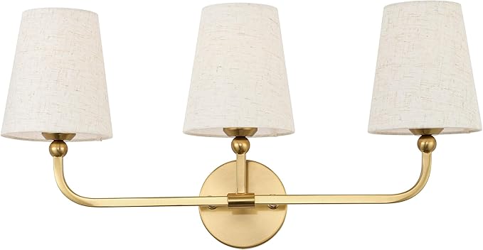 3-Light Bathroom Light Fixtures, Brushed Gold Vanity Lights with Linen Fabric Shade, Modern Sconces Wall Lighting for Hallway Bedroom, Upward Lighting, VL837-BG-A-3