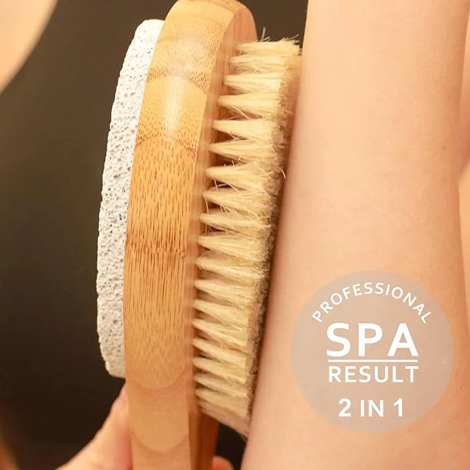 ICANdOIT 2 in 1 Long Handle Bath&Shower Brush,Bath Scrubber,Boar Bristle with Pumice Stone Exfoliate & Soften Skin,Dry Brushing Body Brush for Cellulite&Lymphatic Drainage
