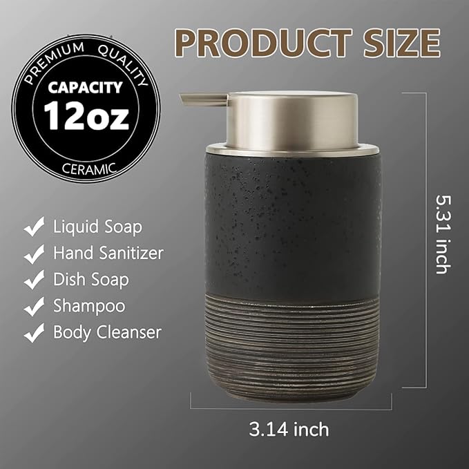 Ceramic Foam Hand Soap Dispenser, 12Oz Countertop Lotion Dispensers for Bathroom with Easy-to-Press Pump, Refillable Liquid Lotion Hand Soap Dispenser, Dish Soap Dispenser for Kitchen