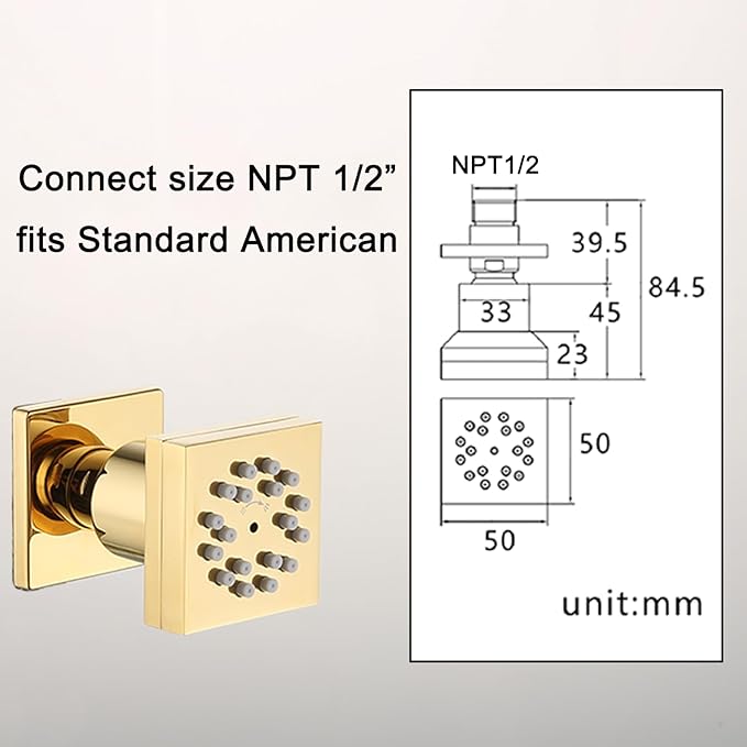 Polished Gold Shower Jet, 1 PCS Wall Mount Body Massage Body Jet with Rain & Spray Mode