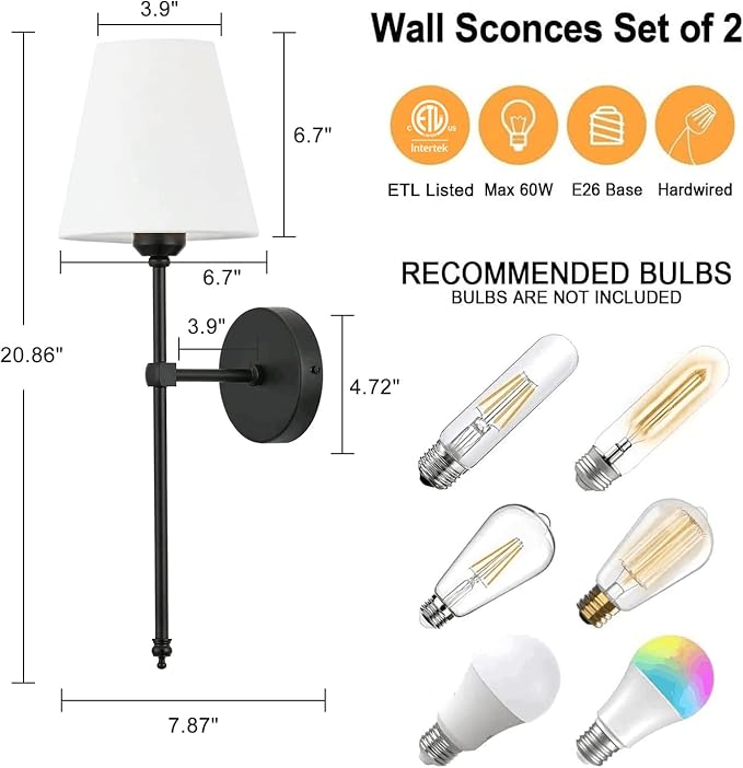 Bsmathom Wall Sconces Sets of 2, Rustic Industrial Wall Lamps, Hardwired Column Stand Sconces Wall Lighting, Bathroom Vanity Light Fixture with Fabric Shade for Bedroom Living Room Kitchen, Black