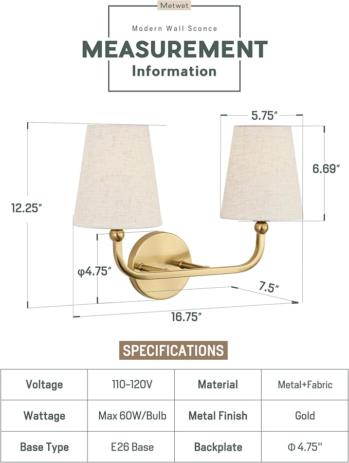 2-Light Bathroom Light Fixtures, Brushed Gold Vanity Lights, Double Wall Sconce with Linen Fabric Shade, Modern Sconces Wall Lighting for Hallway Bedroom Stairway, VL837-BG-A-2