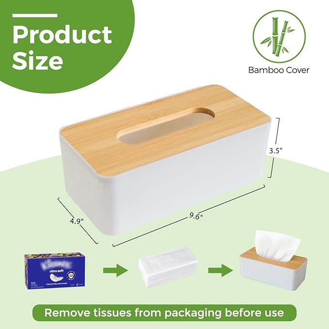 Tissue Box Cover, Rectangle Tissue Box Holder with Bamboo Cover Plate for Bathroom Bedroom, Decorative Tissue Box Covers for Home Decor Office, White