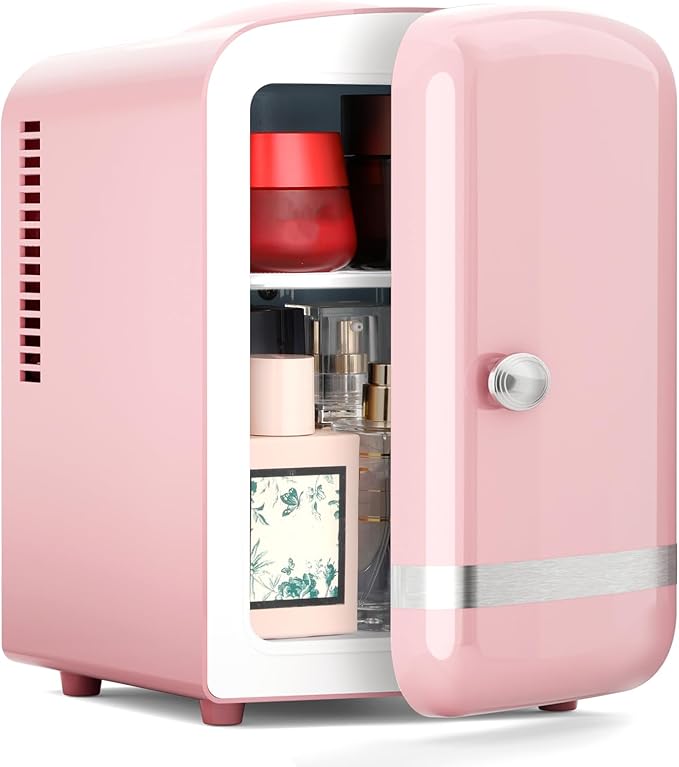 Xbeauty Retro Mini Fridge, Compact Refrigerator with 4L Capacity/6 Cans，Cooler & Warmer, Removable Shelf for Skincare, Beverages, Cosmetics, Perfect for Dorm, Bedroom, Pink