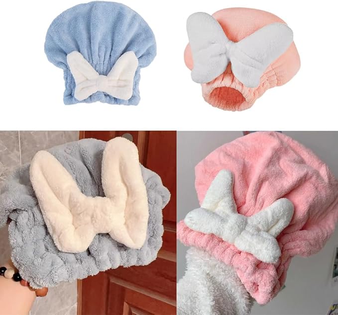 2 Pack Microfiber Hair Towel Micro Fiber Hair Drying Caps with Large Bow Hair Towel Cap Absorbent Hair Turban Wraps Head Towels for Women Girls Daughter Curly Thick Long Hair Bath Shower