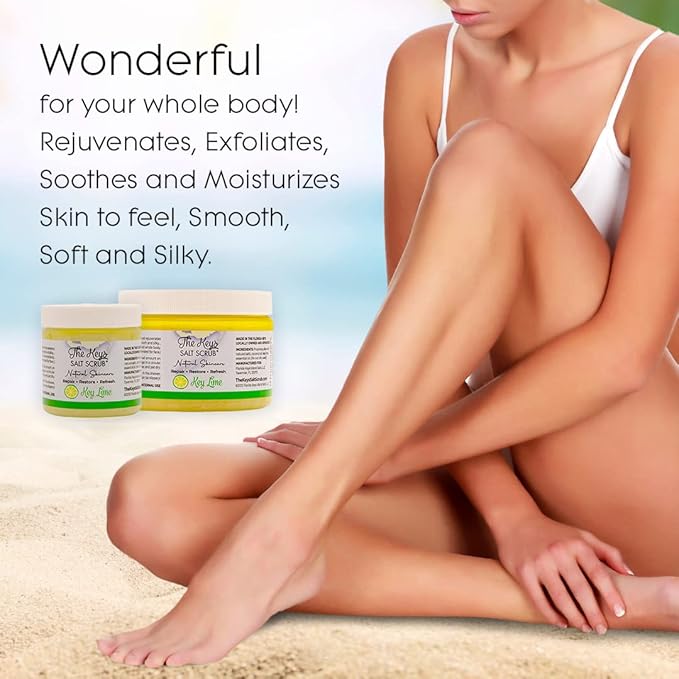 The Keys Salt Scrub -Sea Salt Scrub - Exfoliating Body Scrub with Wooden Spoon - Moisturizing Exfoliator for Hands, Foot, Bath, (3.4 Ounce (Pack of 1), Key Lime)