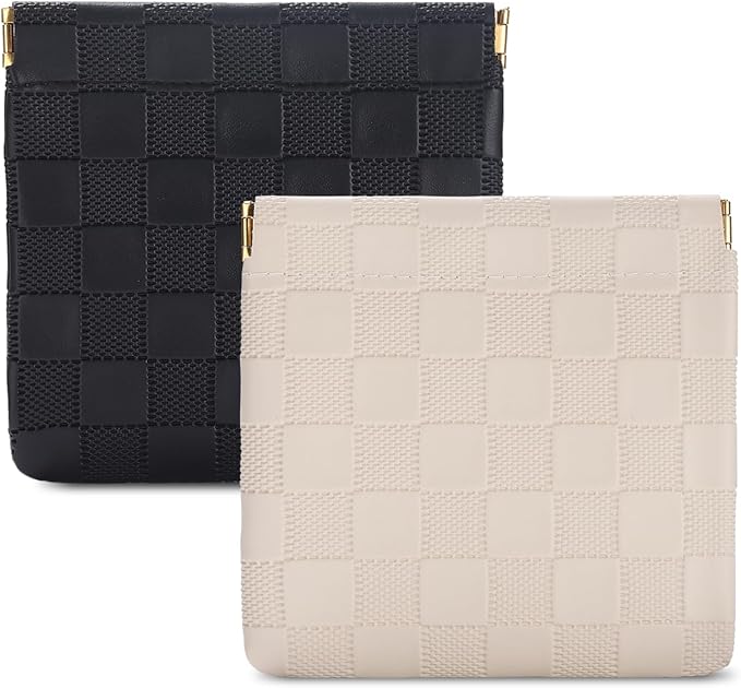 Sightor 2PCS Small Makeup Bag for Purse, Mini Cosmetic Bag Waterproof Pouch for Women, Checkered Purse Self-closing Small Travel Kit Coin Lipstick Cosmetic Storage Bag (Black, Beige)