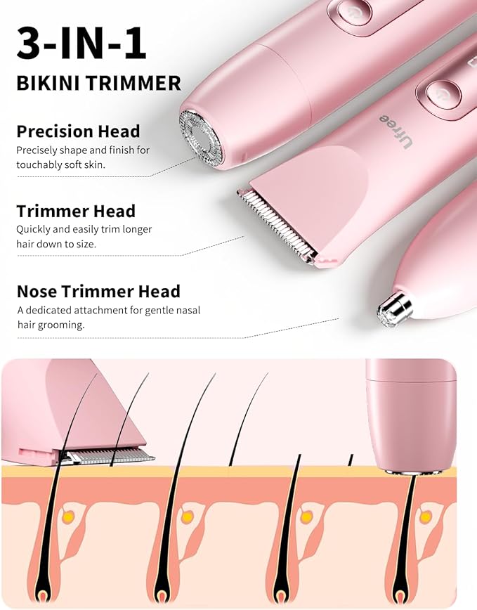 Ufree Bikini Trimmer Women Electric Razors Dual Head, Pubic Body Hair Trimmer Electric Shaver for Face, Legs, Arm, Rechargeable Lady Shaver Waterproof, Summer Grooming Kit, Gifts for Her