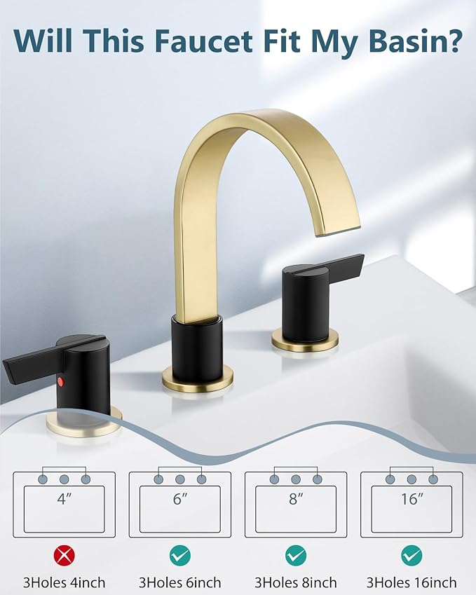 Aolemi Bathroom Faucets 3 Hole,8 Inch Widespread Waterfall Bathroom Sink Faucet,2 Handles Vanity Faucet with Pop-up Drain and Supply Hose,Brushed Gold and Matte Black