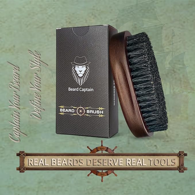 100% Boar Bristle Beard Brush for Man – Retro Wooden Handle, Promotes Beards Growth & Softens, Travel Size