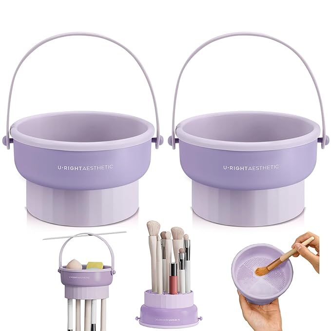 2 Pack Makeup Brush Cleaner Mat 3 in 1 Silicone Makeup Brush Cleaning Bowl Makeup Brush Sponge Scrubber Tool for Cleaning, Storage and Upside Down Drying, (Two Purple)