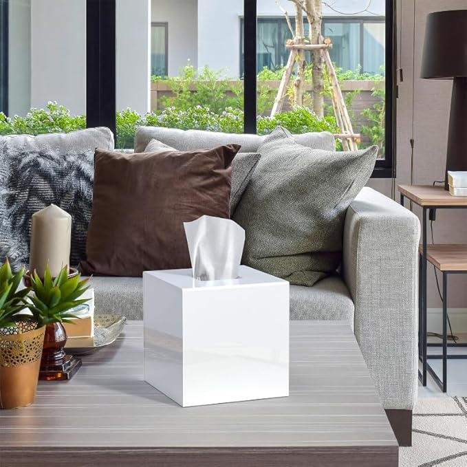 Acrylic Tissue Box Cover, White Square Tissue Box Holder, Facial Napkin Dispenser for Bathroom Kitchen Bedroom Office Hotel Use