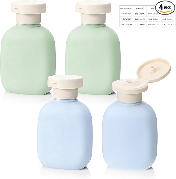3.4 oz Plastic Small Travel Shampoo Bottles, 4 Pack Empty Refillable Leak-Proof Squeeze Containers with Flip Cap for Toiletries Conditioner Lotion Creams Body Wash, Includes Labels (Green, Blue)