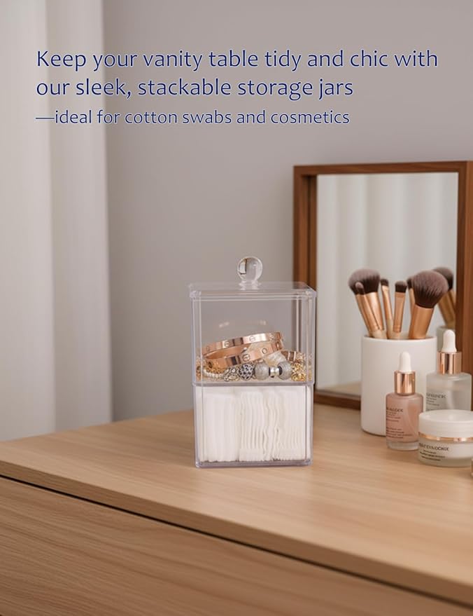 Cotton Swab Holder with Plastic Lid, Clear PS Qtip Container, Double Layer Stackable Bathroom Organizer for Cotton Balls & Pads, Vanity Storage, Dorm Room Essentials, Small Space Decor
