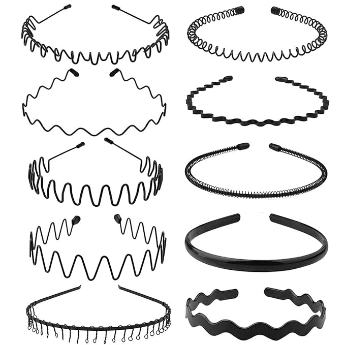 Metal Headbands for Men Fashion Head Band for Women, Wavy Headband Perfect for Outdoor Sports and Daily Use (10 Pack)