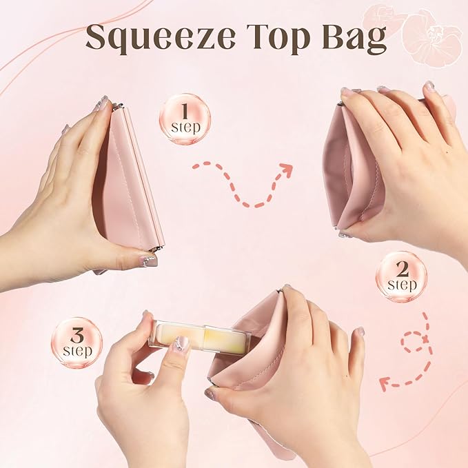 ISKYBOB 4PCS Pocket Cosmetic Bag Squeeze Top, Small Makeup Bag for Purse Portable Mini Coin Change Purse Self-Closing Cosmetic Purse Small Leather Makeup Lipstick Organizer Pouches(BlackPink)