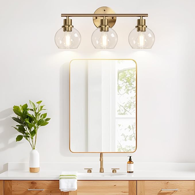 3-Light Bathroom Light Fixtures, Brushed Brass Bathroom Lights Over Mirror with Clear Glass Globe Shade, Vanity Lights for Bathroom Kitchen Living Room Hallway Cabinet Bedroom Porch