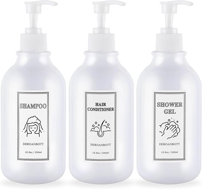 Shampoo and Conditioner Dispenser, Refillable Plastic Shampoo Pump Bottles with Waterproof Labels, Empty Body Wash Dispenser Set for Bathroom, Shower Soap Bottles (White)