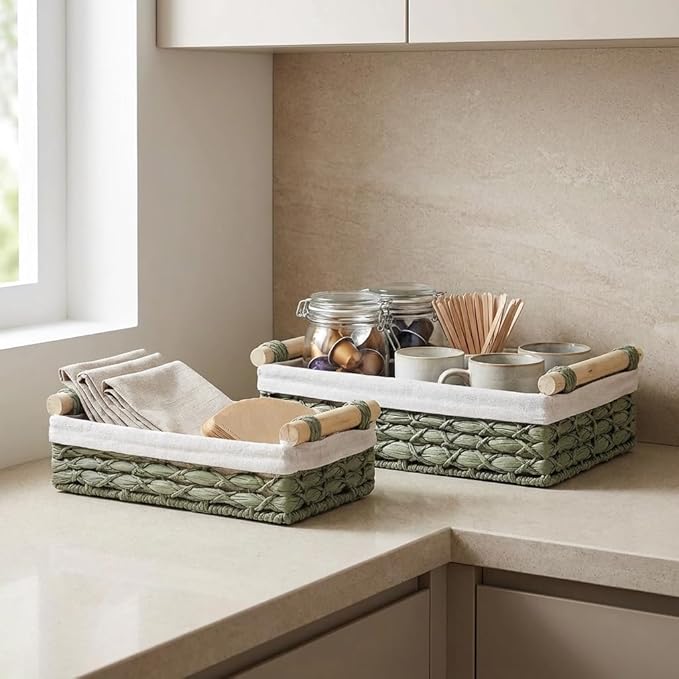 Baskets for Organizing, Set of 2 Green Wicker Bathroom Countertop Baskets with Liner, Paper Rope Basket Organizer with Wooden Handles for Vanity, Counter, Shelf Storage