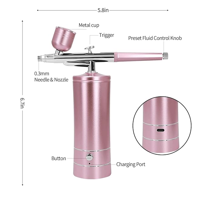Airbrush Kit Air Brush Kit With Air Compressor Nail Charms Wireless Air Brush for Barber, Nail Art, Cake Decor, Makeup, Model Painting (Pink - with extension tube)