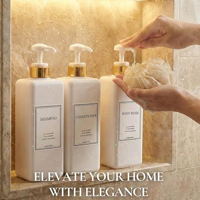 Modern Gold Design Shampoo and Conditioner Dispenser, Large 27oz Shower Soap Dispenser, Set of 3 Refillable Empty Plastic Pump Bottles for Bathroom and Body Wash (6 Waterproof Labels Included), White