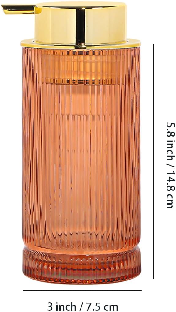 Foaming Soap Dispenser, Glass Foam Hand Soap Dispenser with Pump, 14 Oz Bathroom Refillable Liquid Lotion Pump Ribbed Bottle Container for Kitchen Countertop Decor (1, Brown Gold)