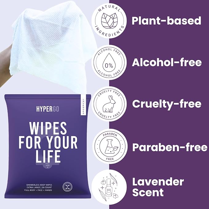 HyperGo XL Body Wipes for Women & Men – 12" x12" Rinse-Free Full Body Cleansing Wipes 20 Count Pack - Lavender | Biodegradable, Hypoallergenic, Aloe-Infused | Gym, Festival, Camping Essentials