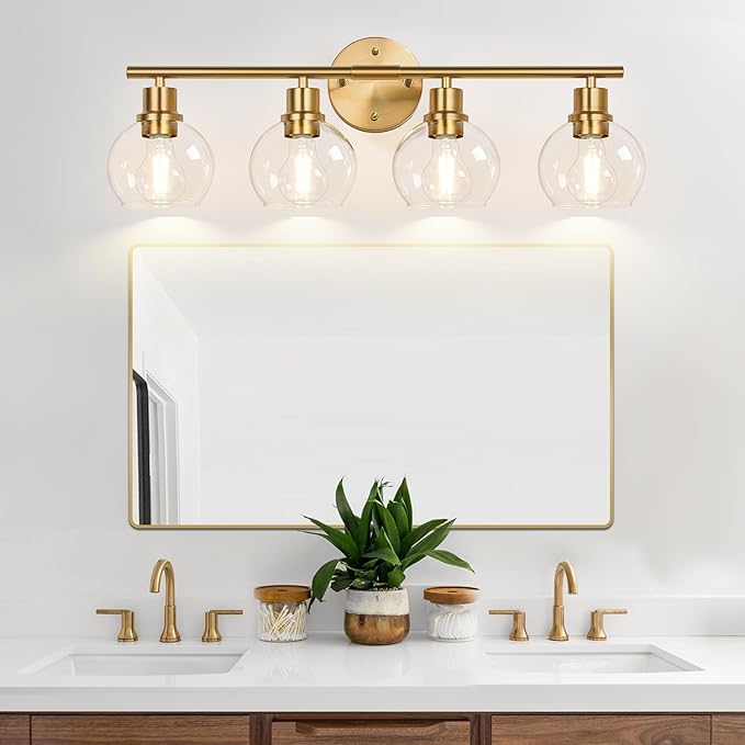 4-Light Bathroom Light Fixtures,Gold Modern Vanity Lights Over Mirror with Clear Glass Globe Shade, Bathroom Wall Sconces for Mirror Kitchen Living Room Hallway Cabinet Bedroom Porch