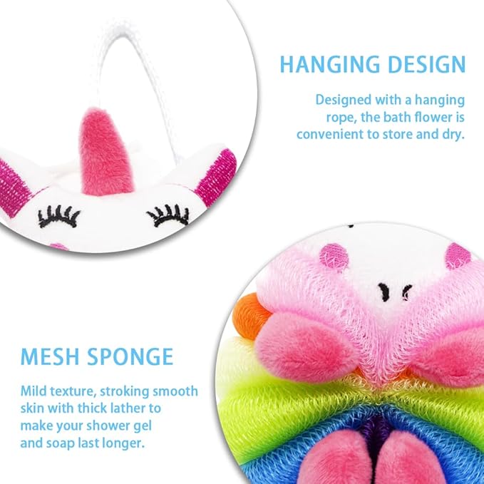 Bath Loofahs,Ttdesefu Kids Toddler Body Sponge Cute Cartoon Kids Loofah,Bath Sponge Shower Puff Soft Loofah Sponge Pouf Exfoliating Mesh Shower Ball (Animal，2 Pcs)