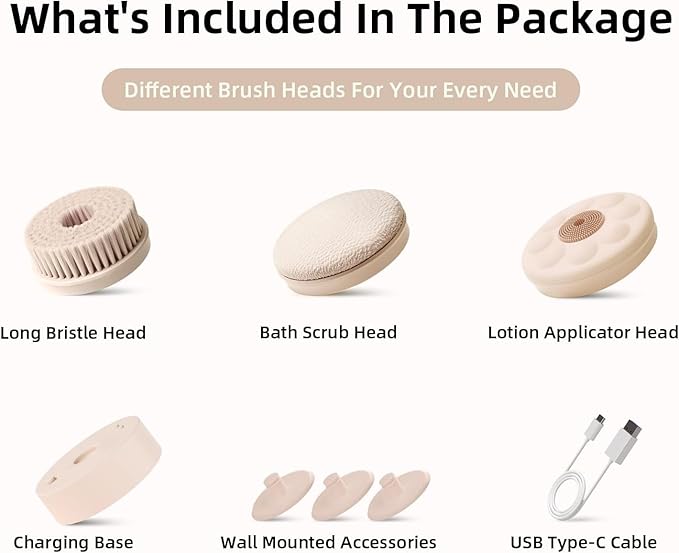 Electric Body Brush Back Scrubber for Shower, Waterproof Long Dual Handle Body Scrubber with 3 Heads, Bath Brush & 2 Speeds, for Cleansing, Exfoliating and Massaging Skin, Chrysanth Pink