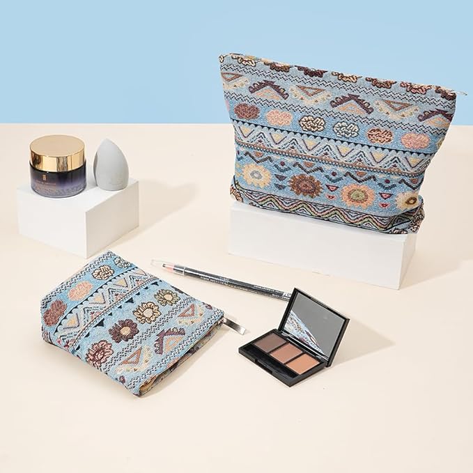 2 PCS Makeup Bag Small Cute Cosmetic Bags for Women，Floral Travel Toiletry Bag for Purse, Large Canvas Cosmetic Pouch Makeup Organizer Tool Pouch with Zipper（Bohemian Blue）