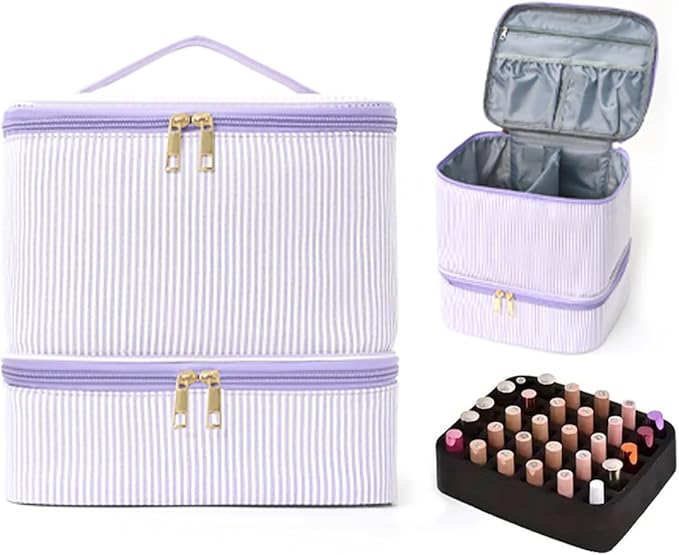hibear Nail Supplies Organizer Nail Polish Storage Holds 30 BottlesNail Polish Storage Holds 30 Bottles Nail Kit Case Makeup Bag Vanity Case for Women (Striped purple)