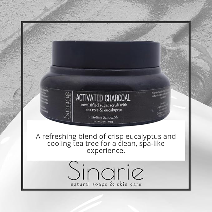 Exfoliating Sugar Scrub for Body – Hydrating Moisturizing Body Polish with Natural Oils – Gentle Spa Skincare for Smooth, Glowing Skin (5 oz., Charcoal (Tea Tree & Eucalyptus))