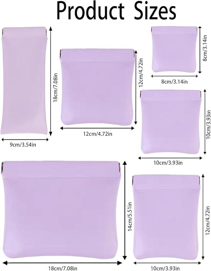6 Pcs Small Makeup Bag for Purse, Snap Closure Organizer Pouch, Portable No Zipper Self-Closing Pouches for Travel Storage Bag Mini Pu Leather Pouches For Cosmetics Headphones Jewelry (Purple)