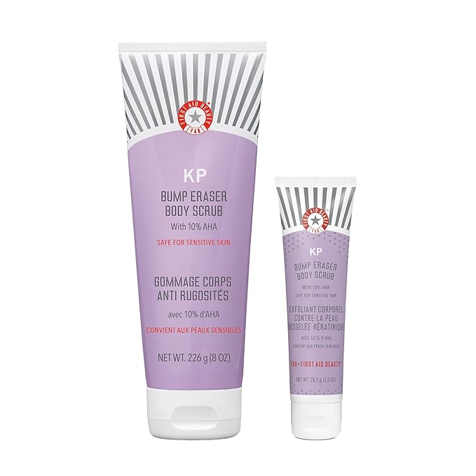 First Aid Beauty - KP Bump Eraser Body Scrub with 10% AHA, Keratosis Pilaris Skin Exfoliater with Glycolic and Lactic acids, Helps Reduce Chicken Skin Bumps, Safe for Sensitive Skin, 8 oz + Bonus, 2ct