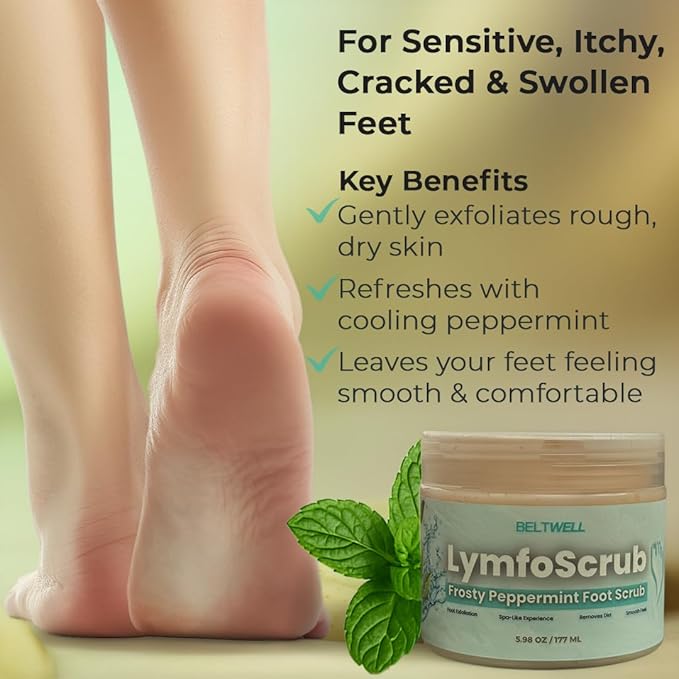 Beltwell® LymfoScrub™ Frosty Peppermint Body Scrub & Foot Cream – Foot Exfoliator Scrub for Sensitive, Itchy, Cracked & Swollen Feet – Smooths & Refreshes with Gentle Exfoliation & Cooling Formula