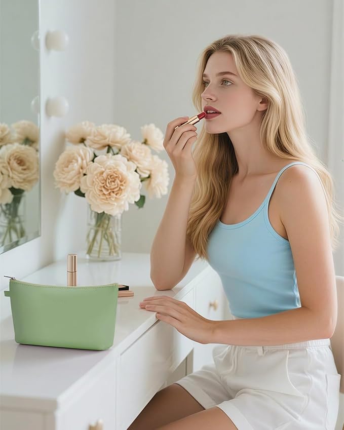 WANDF Cosmetic Bag for Women Makeup bag Organizer Mini Makeup Pouch for Purse Water Resistant Girls Gift(Pure Green)
