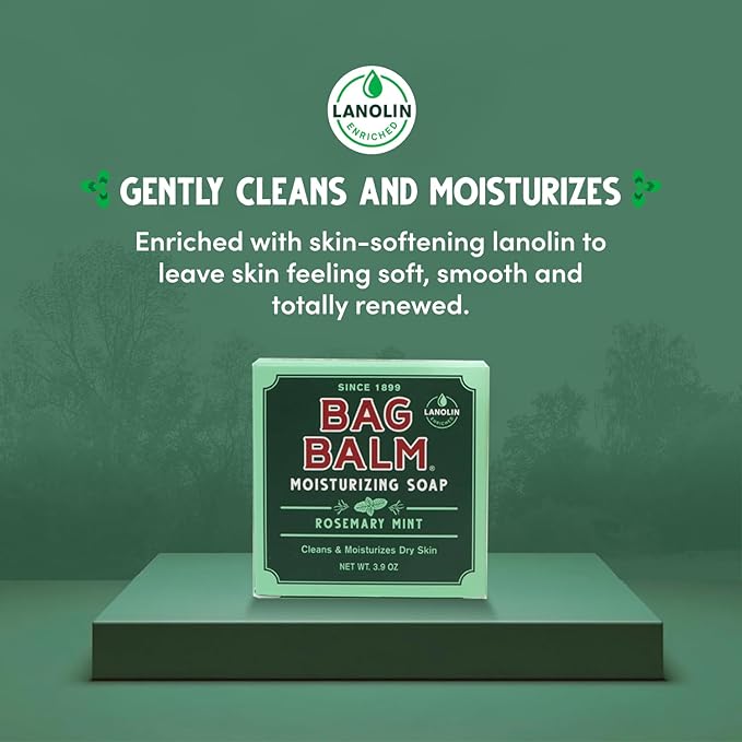Bag Balm Moisturizing Bar Soap – Gentle Soap for Dry Skin with Lanolin – Hand & Body Cleansing Balm – Rosemary & Mint Scented Sensitive Skin Bar Soap – Natural Body Wash Bar – Made in The USA 3.9 oz