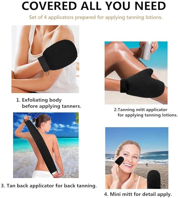 Self Tanning Mitt Applicator Kit 4 in 1 Self Applicator Set with Exfoliating Glove,Tan Mitt Applicator, Tanning Back Lotion Applicators for Your Back,Face Mitt for Tanning Lotion, Spray, Mousse
