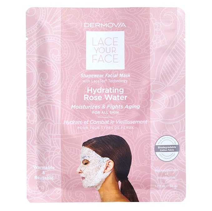DERMOVIA LACE YOUR FACE Patented Compression Facial Mask, AS SEEN ON SHARK TANK, Reusable Biodegradable Cotton Anti Aging Skin Care, Hydrating Rose Water, 4 pack