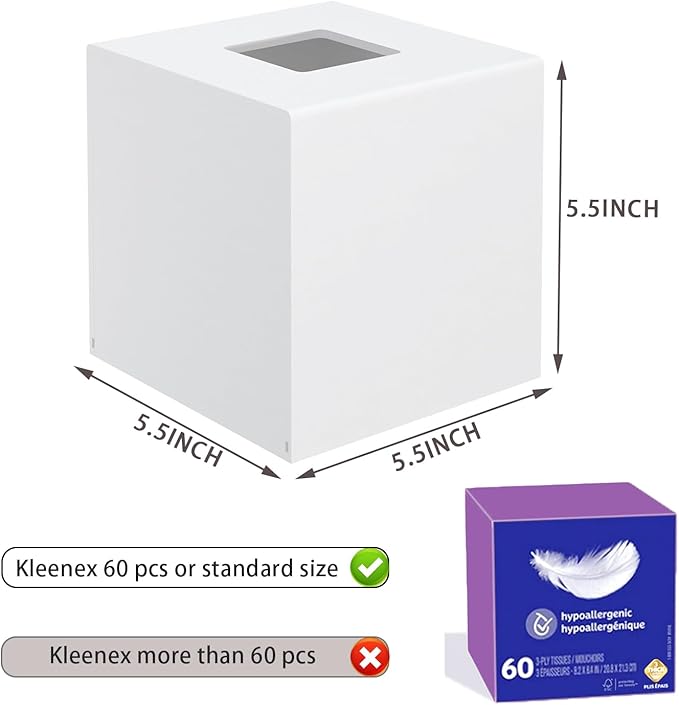 Tissue Box Cover, PITBVO Acrylic Tissue Box Holder Square Tissue Box Cover, Handmade Facial Tissue Holder Napkin Dispenser for Bathroom Kitchen Bedroom Office (Matte White, 5.5x5.5x5.5)