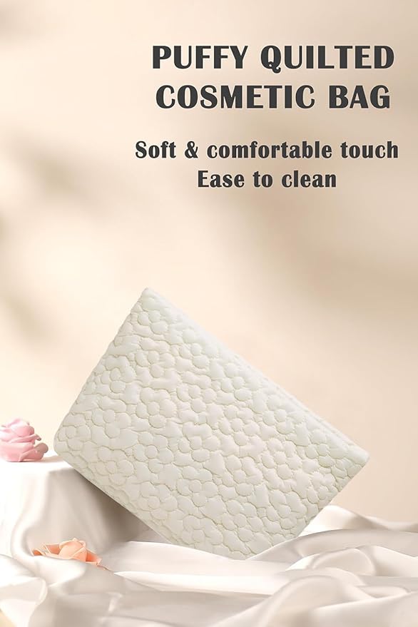 Puffy Quilted Makeup Bag, Cosmetic Bag, Travel Toiletry Organizer Pouch, Clutch for Wom (White Flower)