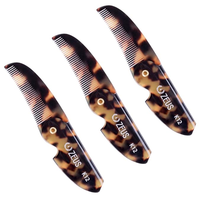 ZEUS Folding Mustache Comb for Men, Handmade Saw-Cut Pocket Comb for Men’s Beard & Moustache Grooming, Compact & Travel Friendly (Tortoiseshell) 3 PACK