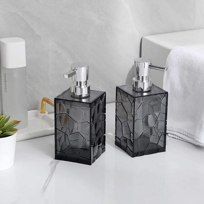 Hand Soap Dispenser, Clear Acrylic Plastic Liquid Pump Bottles Refillable Lotion Dispenser for Bathroom Decor Kitchen College Dorm, Grey 2 Pack