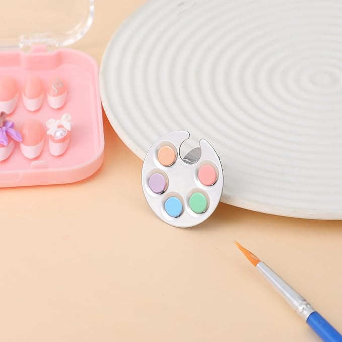 4 Pack Mini Nail Art Palette, Nail Polish Mixing Plate Metal Manicure Palettes Tools with Finger Rings Nails Art Tools Makeup Palette for Mixing Nail-Art Foundation Cosmetic