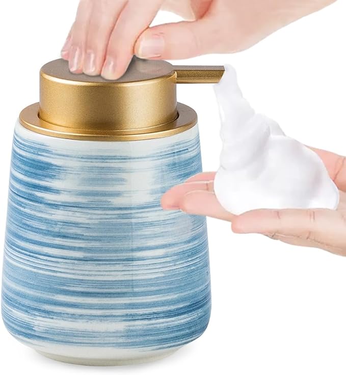 Modern Striped Style Gold Soap Dispenser for Bathroom, Ceramic Hand Soap Dispenser, Easy to Refill Liquid (Blue-Foam Pump)