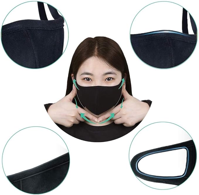 8 Pack Organic Cotton Face Cover Washable and Reusable - Black Travel Face Mask, Mouth Protection Cloth Masks with Nose Bridge Wire - Soft Fabric for Women Men Outdoor