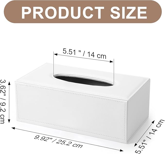 Tissue Box Cover, PU Leather Tissue Box Holder Rectangular Tissue Holders for Home/Office/Car Decoration 9.92"X5.51"X3.62" - White